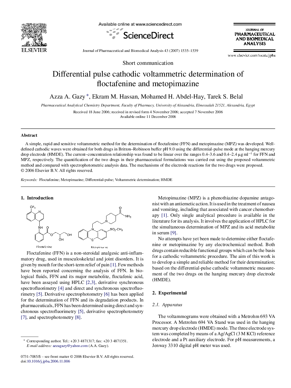 Differential pulse cathodic voltammetric determination of floctafenine and metopimazine