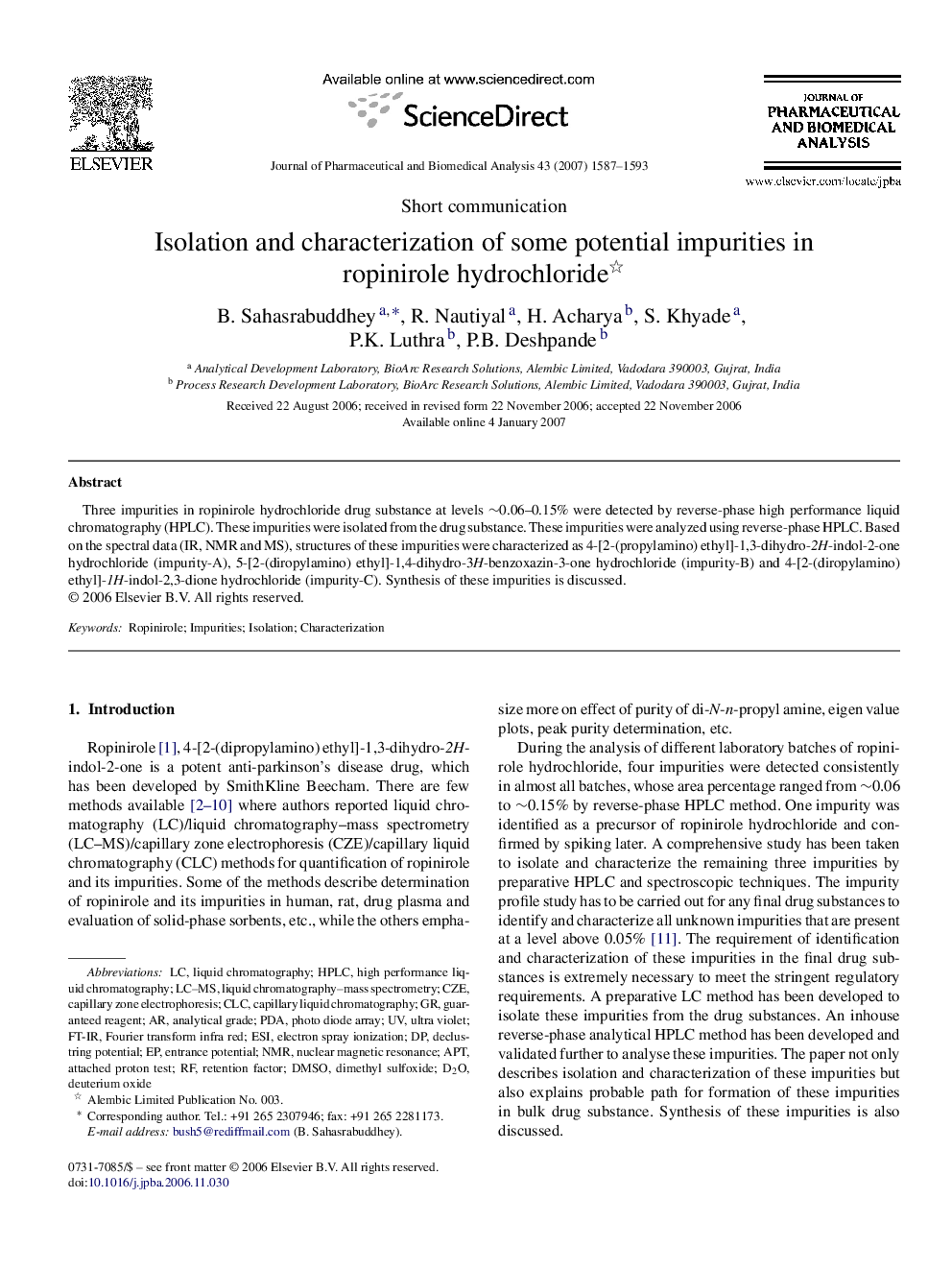 Isolation and characterization of some potential impurities in ropinirole hydrochloride 