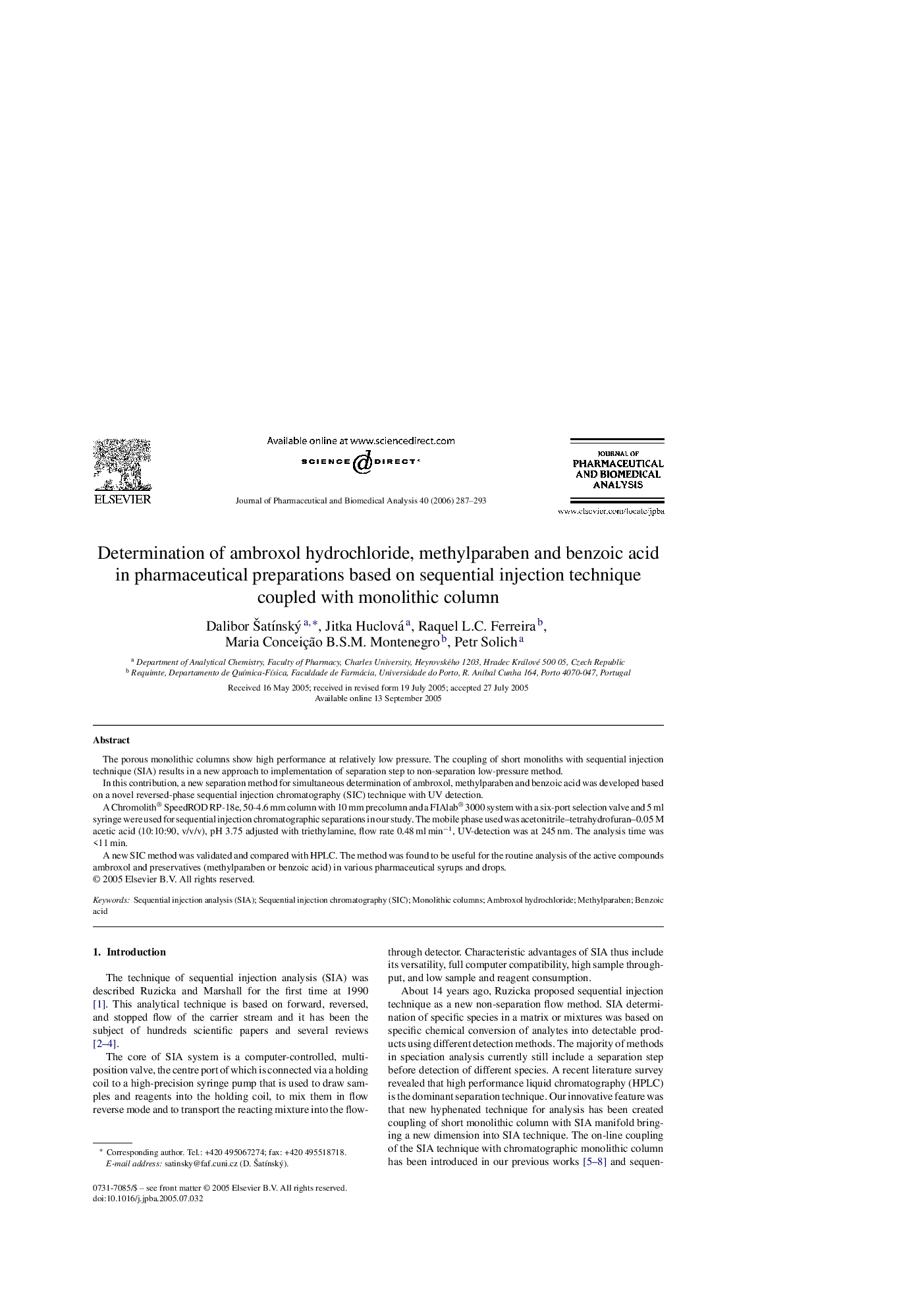 Determination of ambroxol hydrochloride, methylparaben and benzoic acid in pharmaceutical preparations based on sequential injection technique coupled with monolithic column