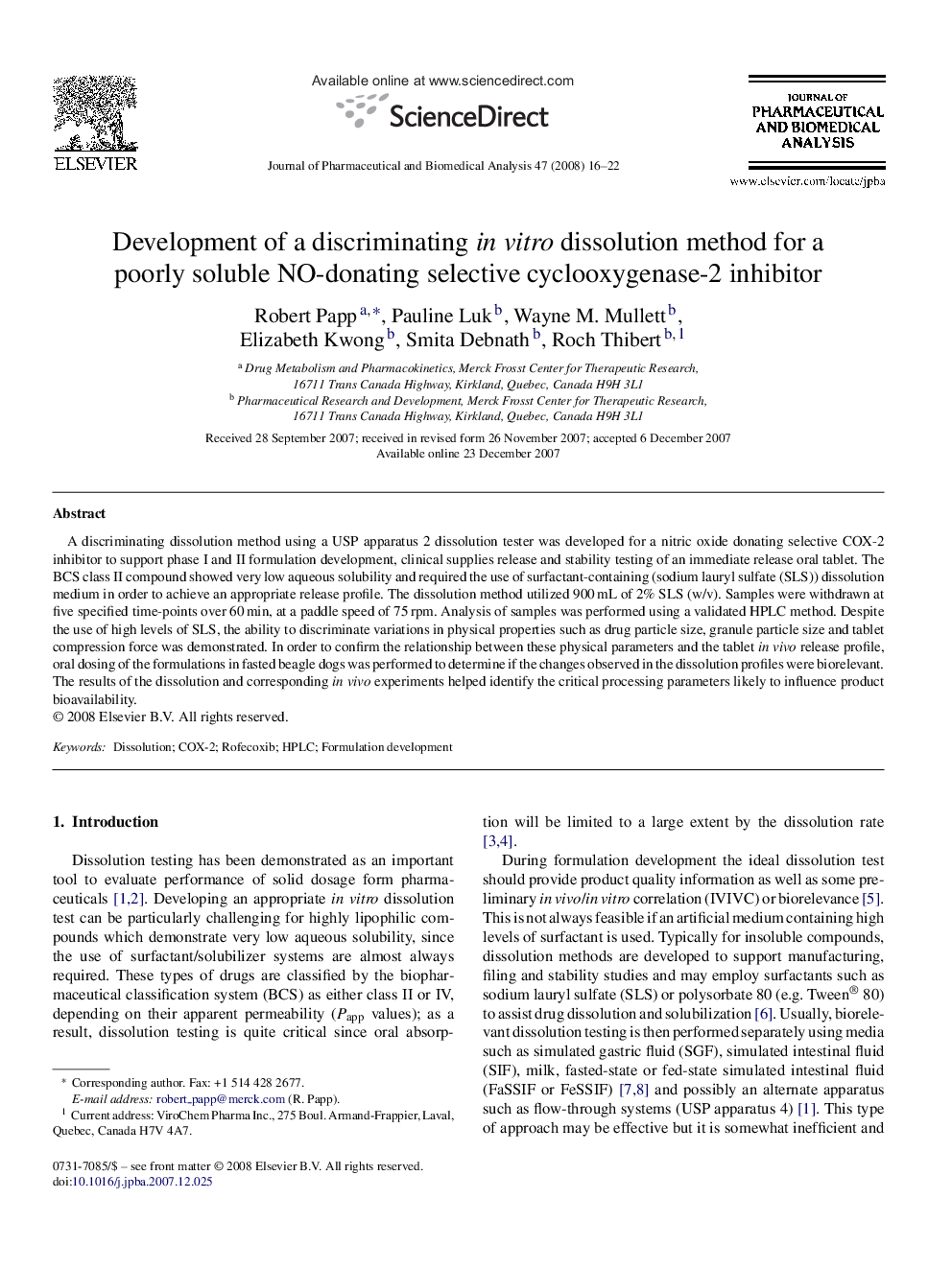 Development of a discriminating in vitro dissolution method for a poorly soluble NO-donating selective cyclooxygenase-2 inhibitor