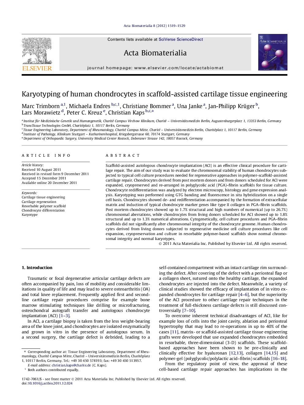 Karyotyping of human chondrocytes in scaffold-assisted cartilage tissue engineering