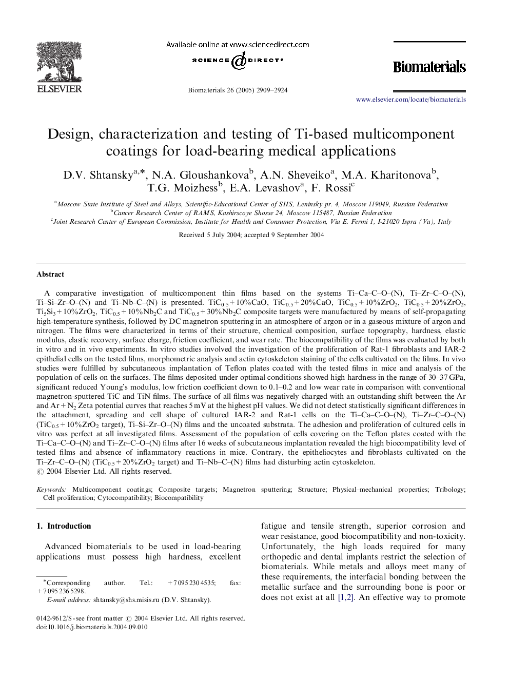 Design, characterization and testing of Ti-based multicomponent coatings for load-bearing medical applications