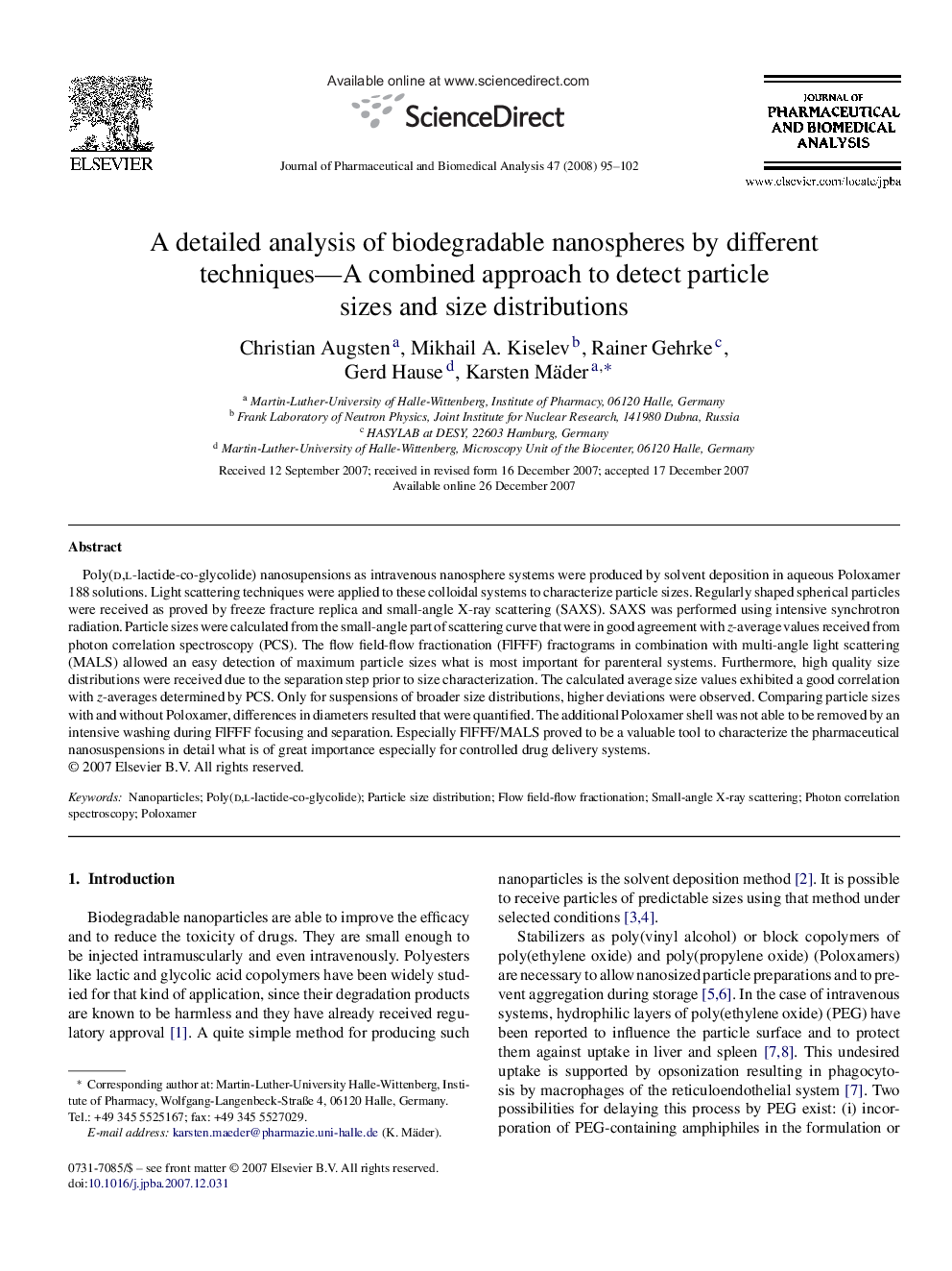A detailed analysis of biodegradable nanospheres by different techniques—A combined approach to detect particle sizes and size distributions