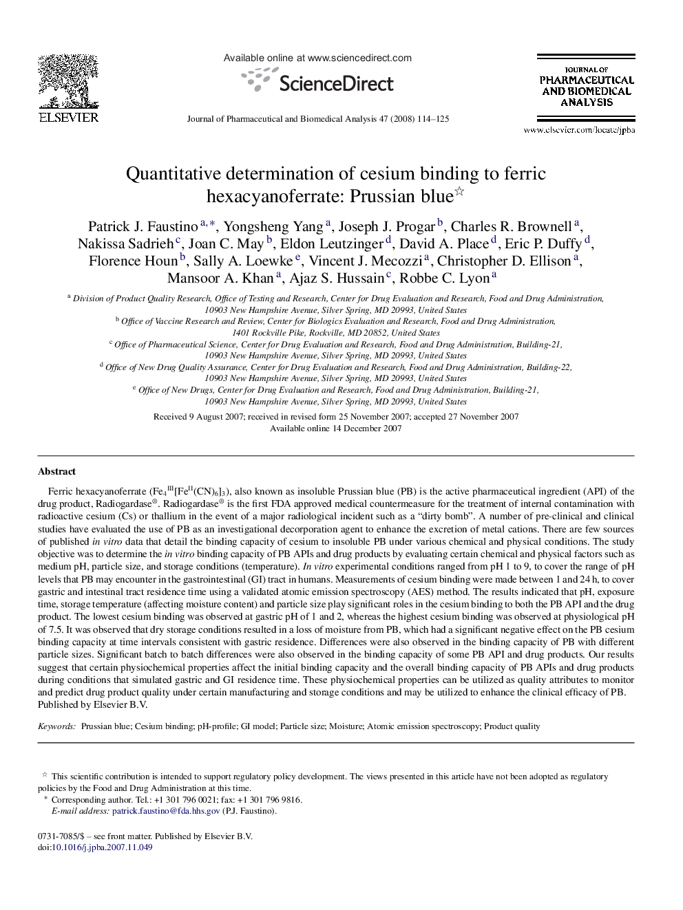 Quantitative determination of cesium binding to ferric hexacyanoferrate: Prussian blue 