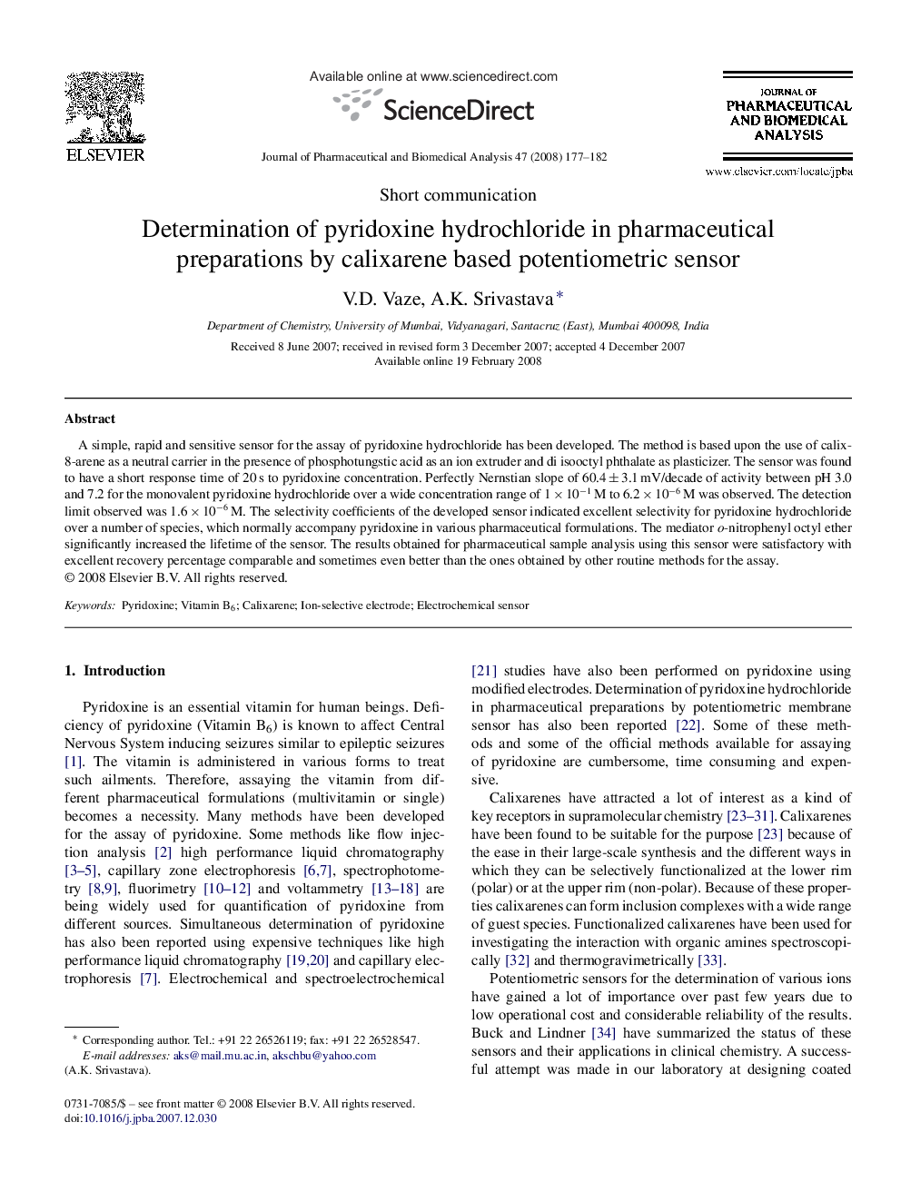 Determination of pyridoxine hydrochloride in pharmaceutical preparations by calixarene based potentiometric sensor