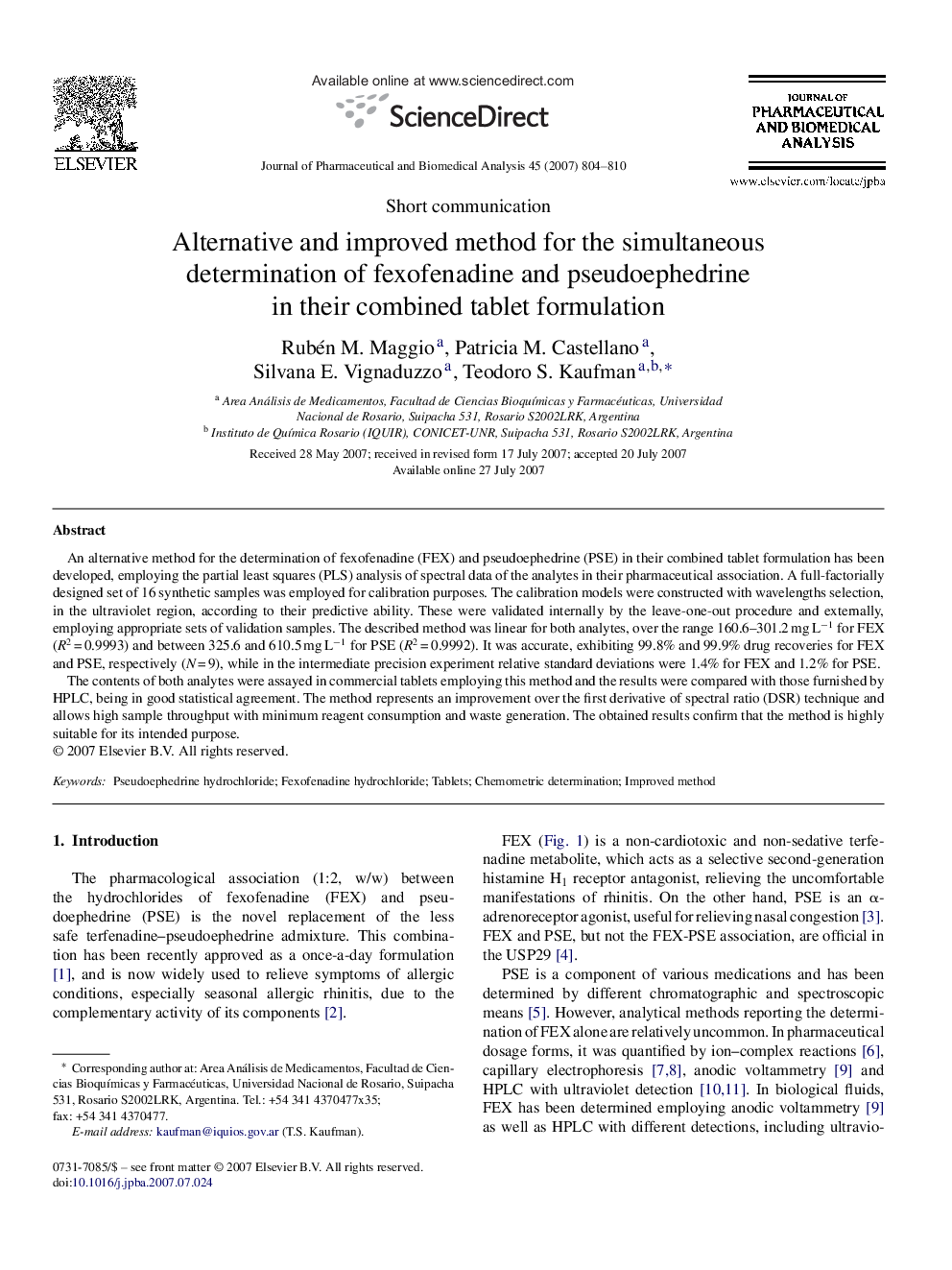 Alternative and improved method for the simultaneous determination of fexofenadine and pseudoephedrine in their combined tablet formulation