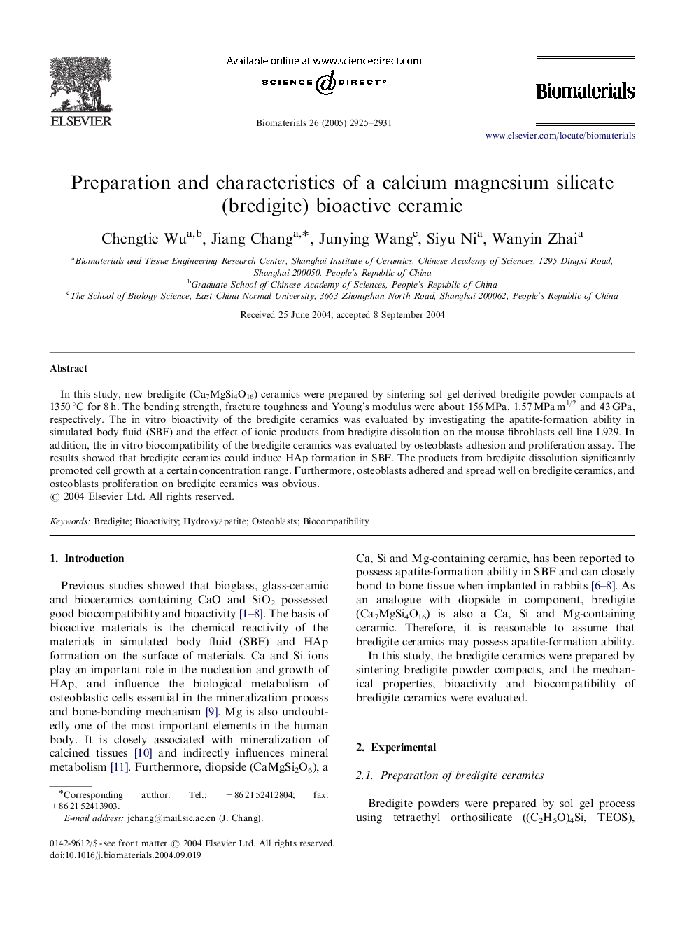 Preparation and characteristics of a calcium magnesium silicate (bredigite) bioactive ceramic