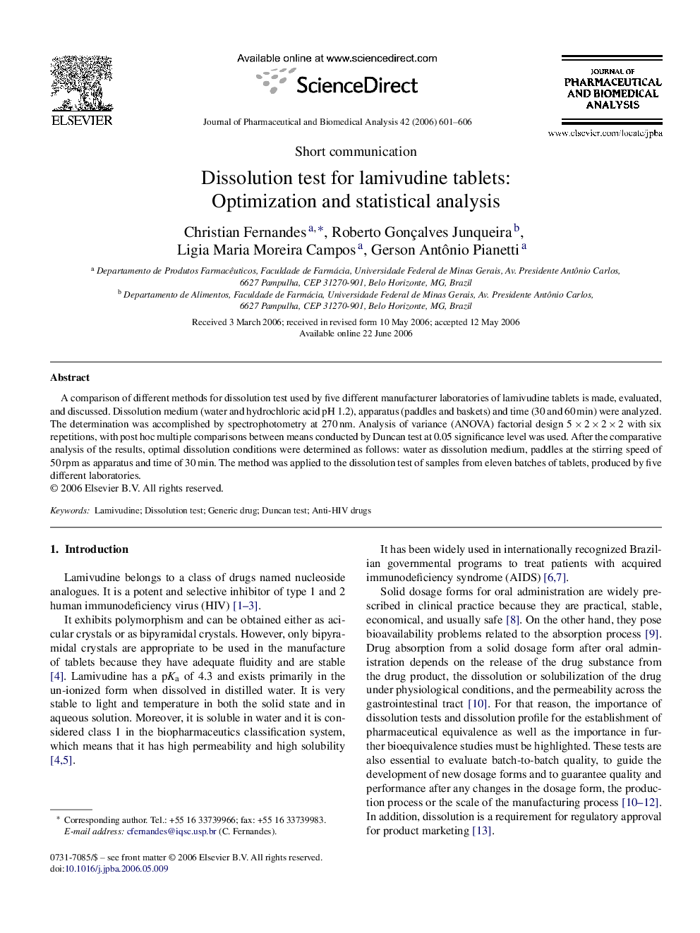 Dissolution test for lamivudine tablets: Optimization and statistical analysis