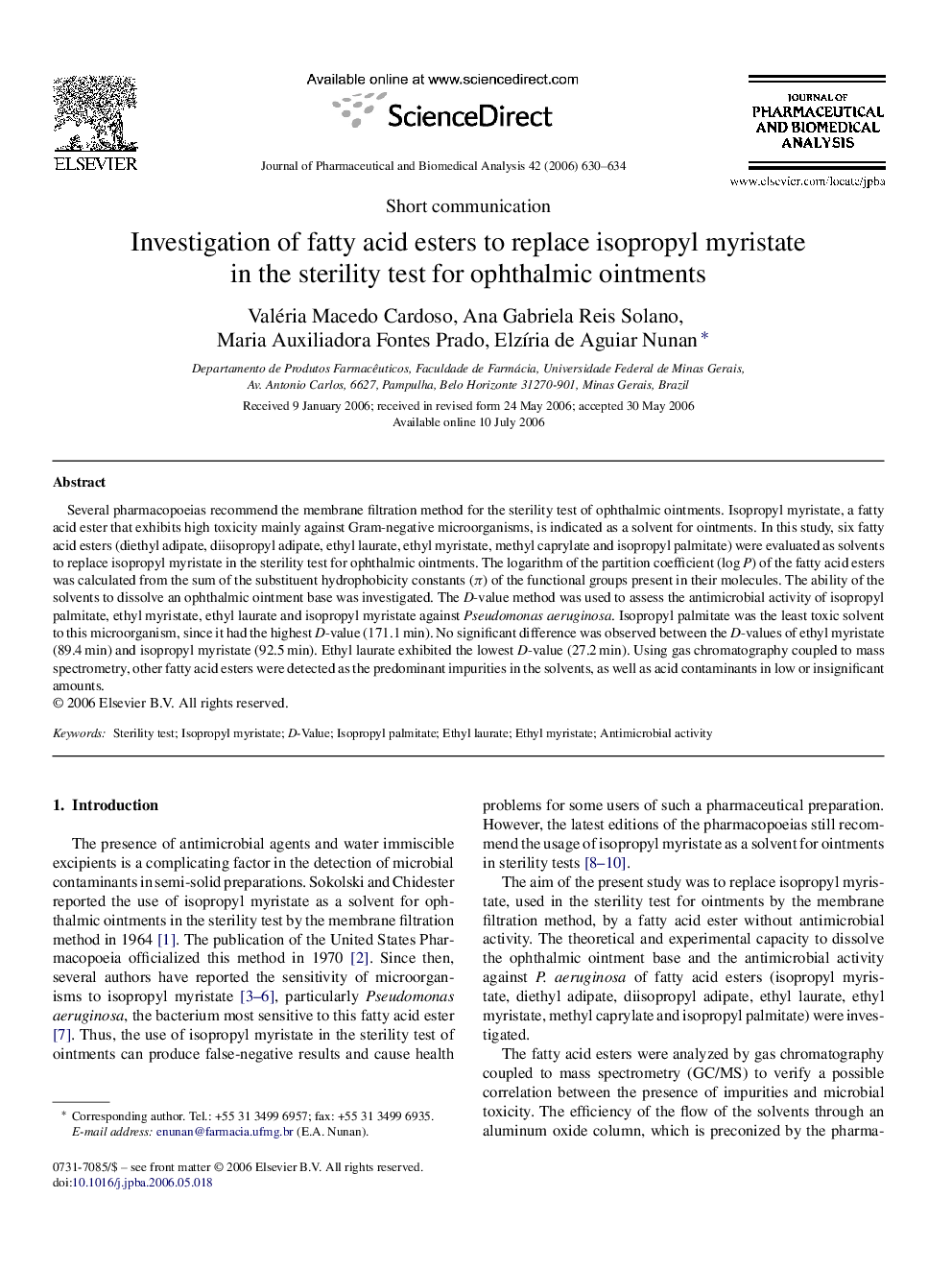 Investigation of fatty acid esters to replace isopropyl myristate in the sterility test for ophthalmic ointments