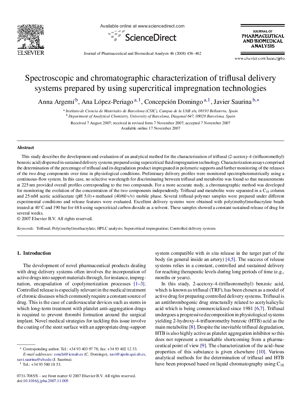 Spectroscopic and chromatographic characterization of triflusal delivery systems prepared by using supercritical impregnation technologies