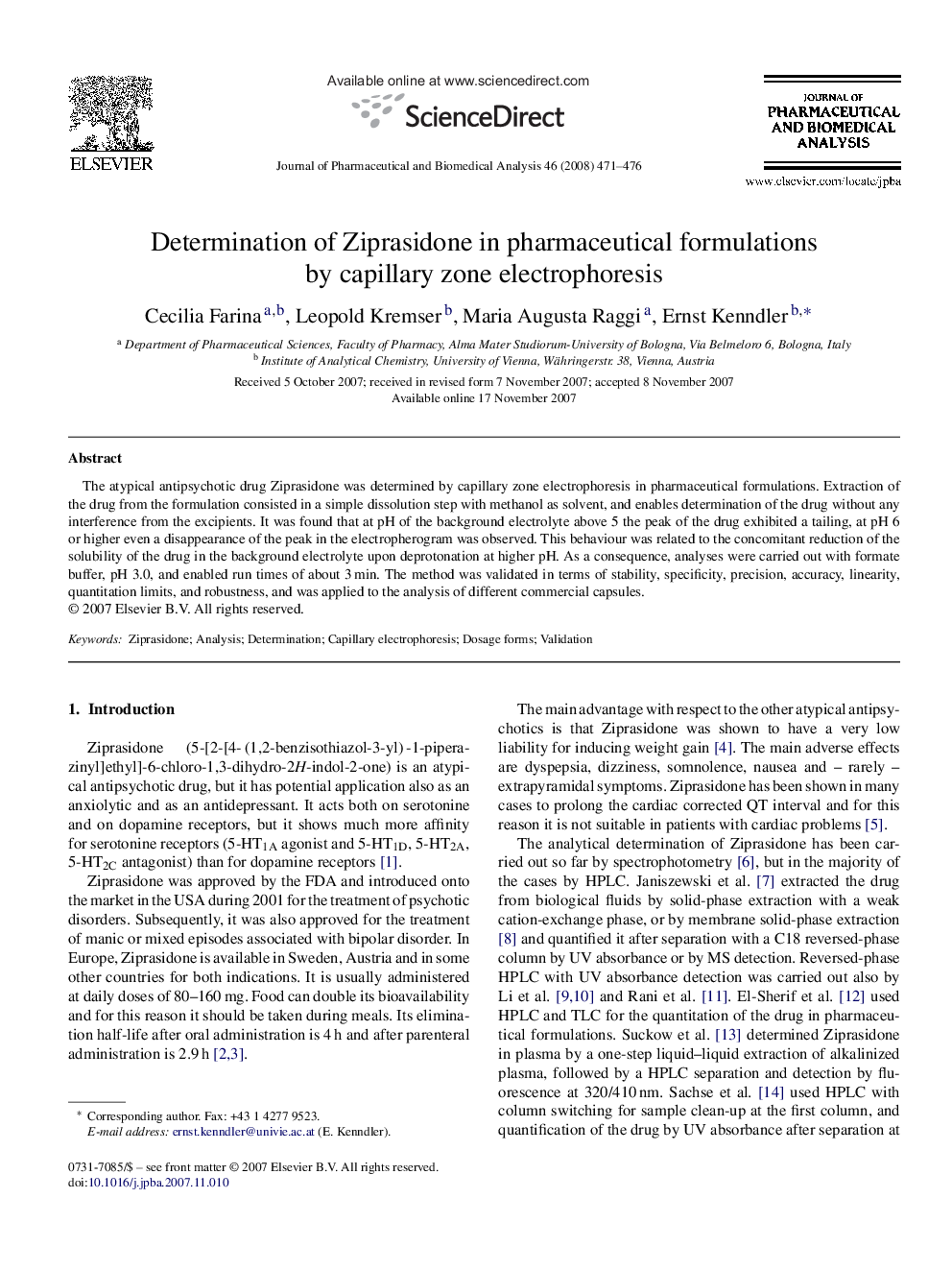 Determination of Ziprasidone in pharmaceutical formulations by capillary zone electrophoresis