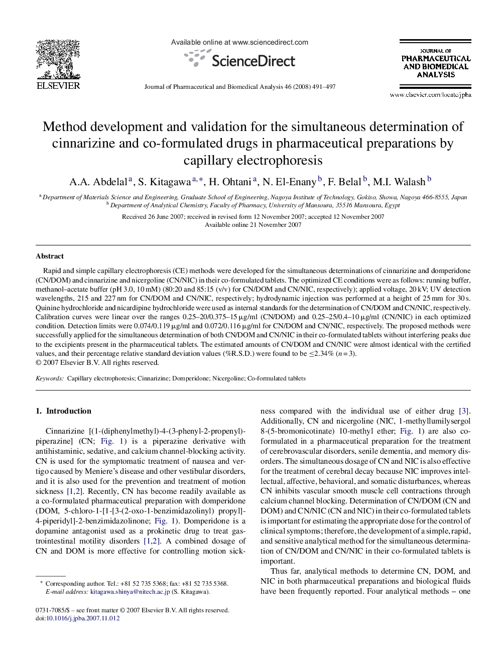 Method development and validation for the simultaneous determination of cinnarizine and co-formulated drugs in pharmaceutical preparations by capillary electrophoresis