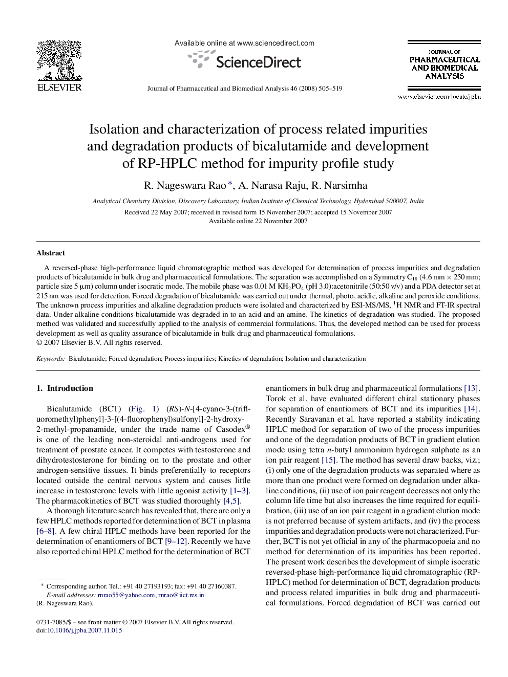 Isolation and characterization of process related impurities and degradation products of bicalutamide and development of RP-HPLC method for impurity profile study