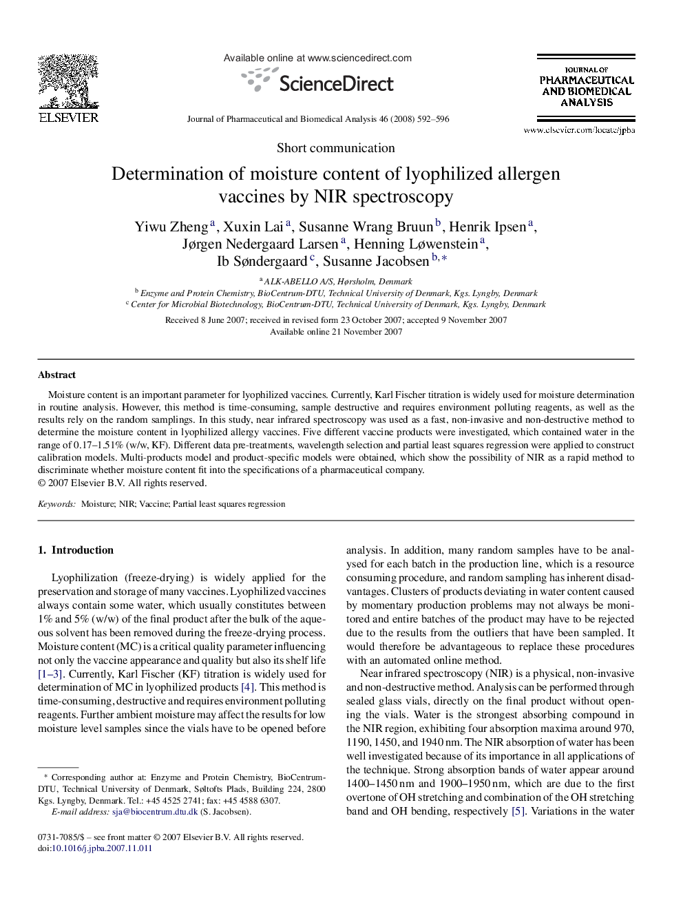 Determination of moisture content of lyophilized allergen vaccines by NIR spectroscopy