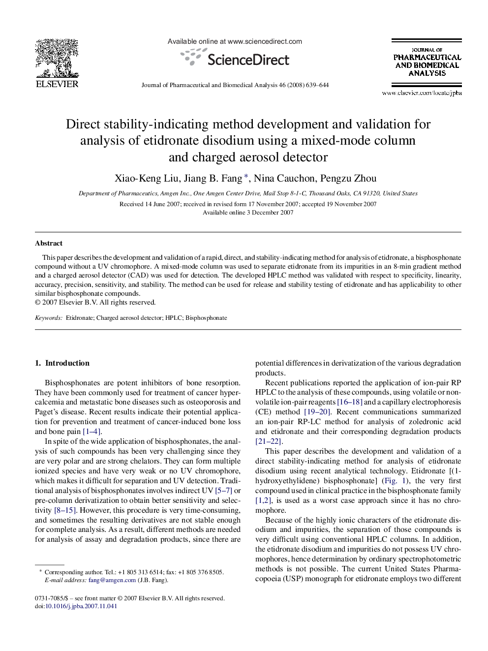 Direct stability-indicating method development and validation for analysis of etidronate disodium using a mixed-mode column and charged aerosol detector