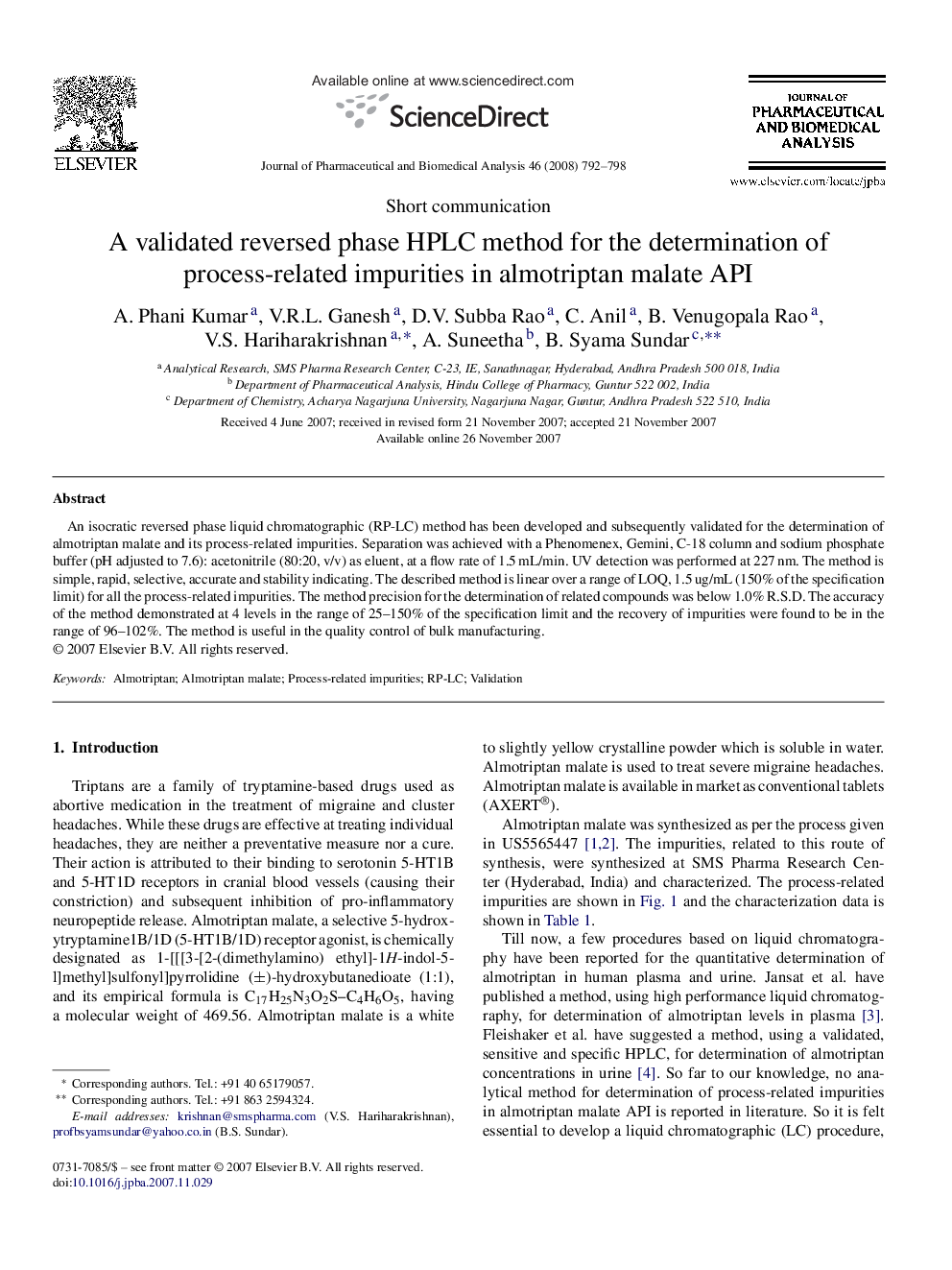 A validated reversed phase HPLC method for the determination of process-related impurities in almotriptan malate API