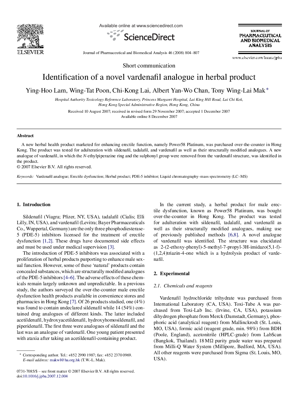 Identification of a novel vardenafil analogue in herbal product