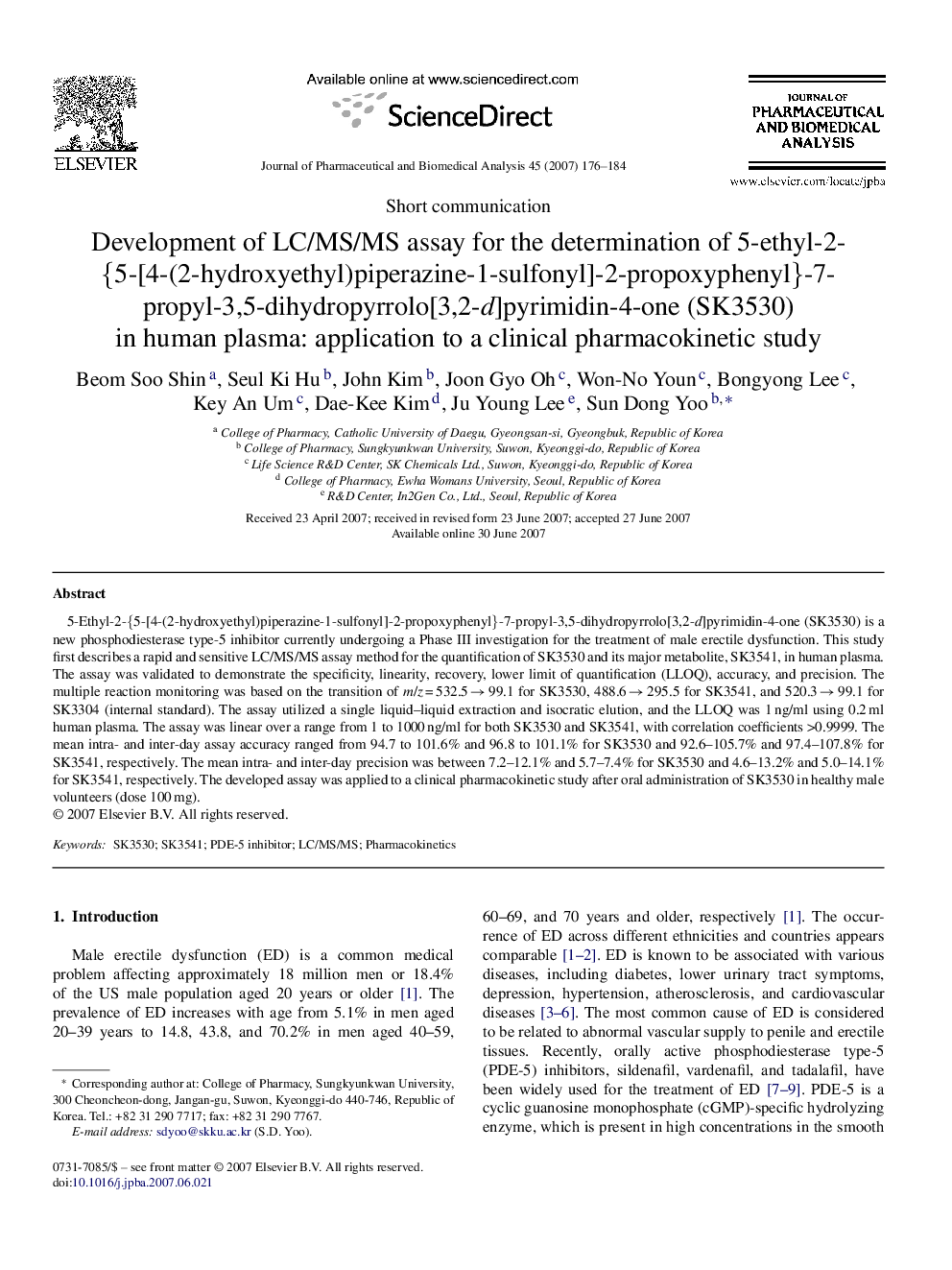 Development of LC/MS/MS assay for the determination of 5-ethyl-2-{5-[4-(2-hydroxyethyl)piperazine-1-sulfonyl]-2-propoxyphenyl}-7-propyl-3,5-dihydropyrrolo[3,2-d]pyrimidin-4-one (SK3530) in human plasma: application to a clinical pharmacokinetic study