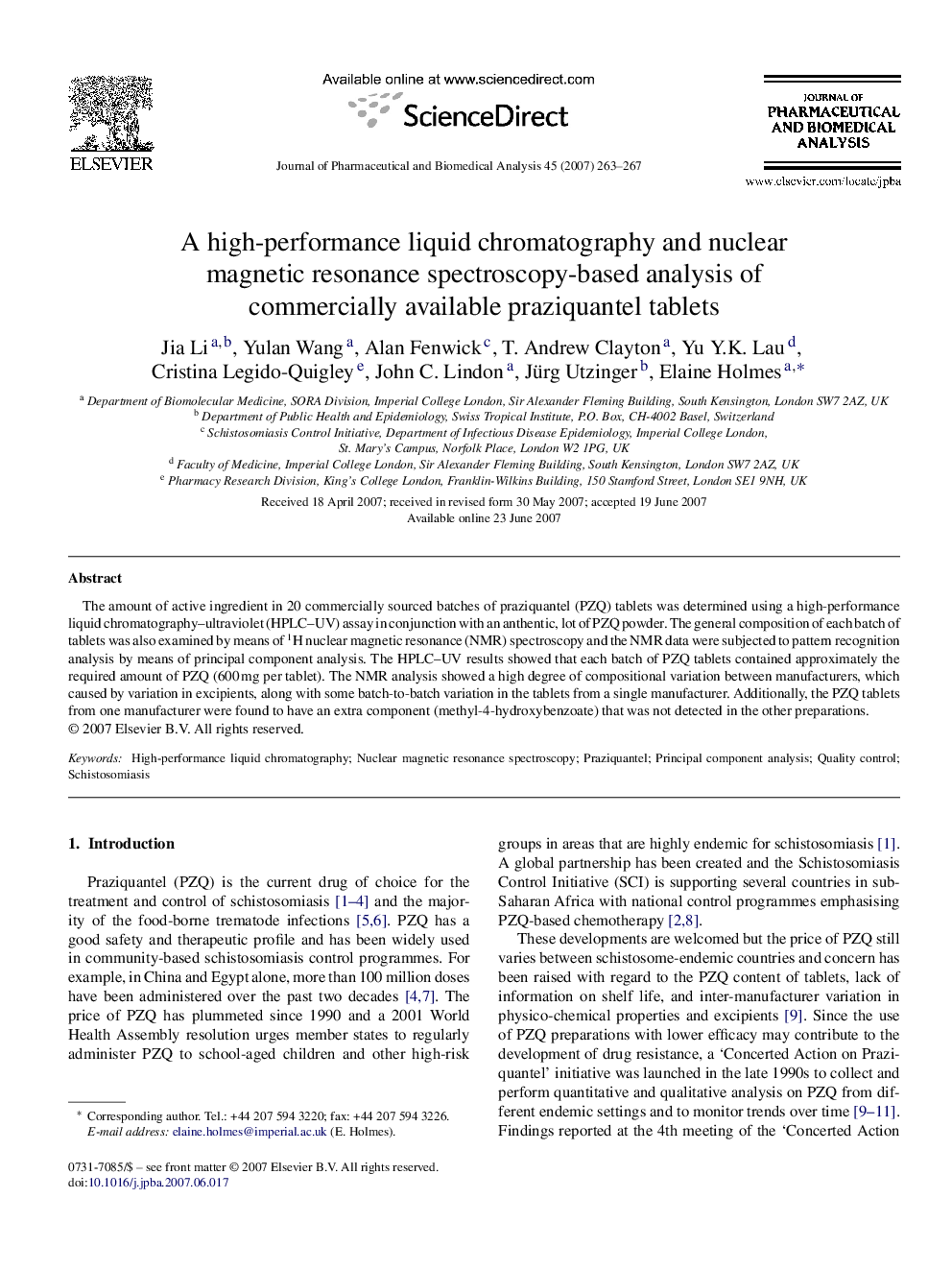 A high-performance liquid chromatography and nuclear magnetic resonance spectroscopy-based analysis of commercially available praziquantel tablets