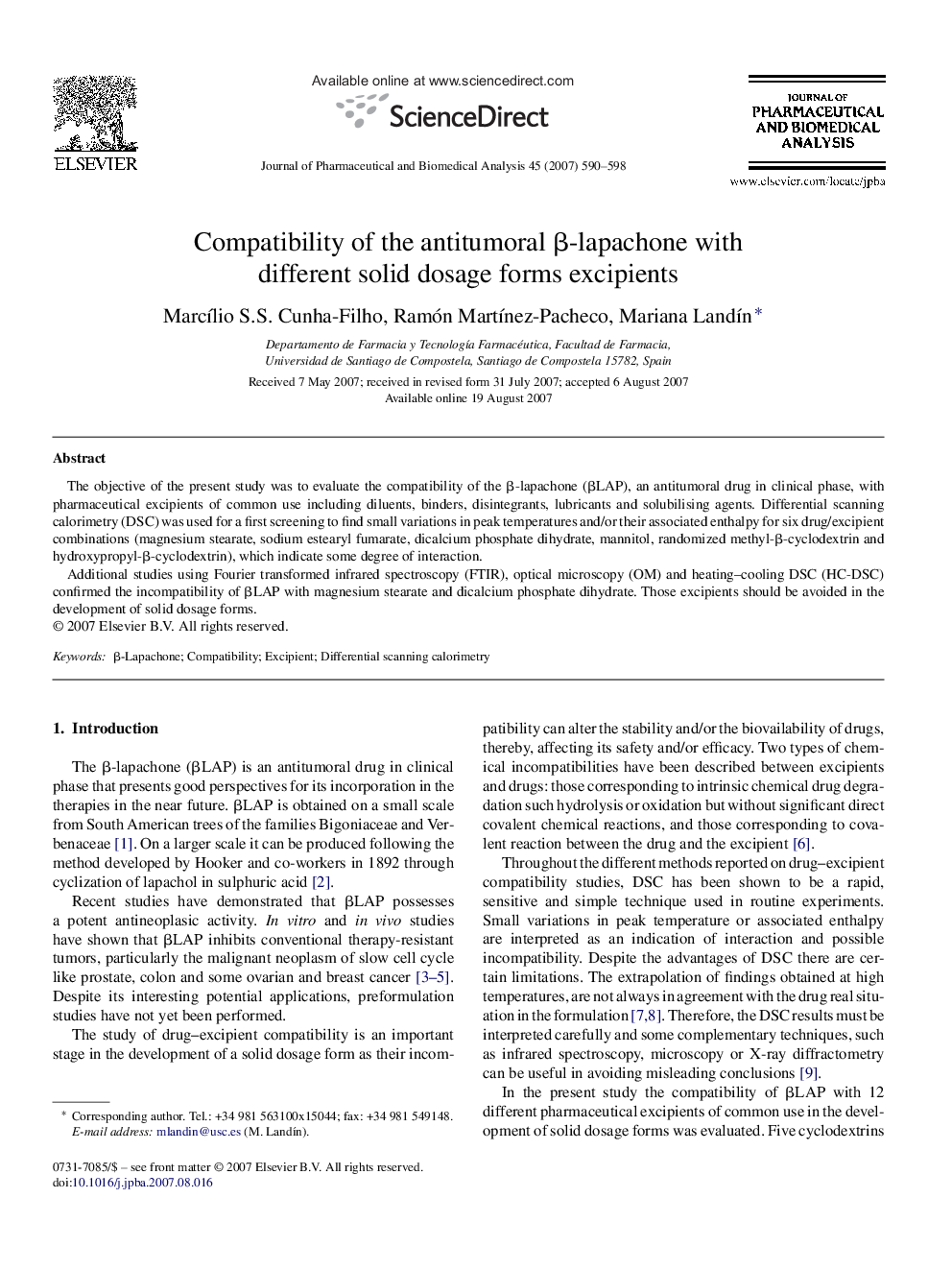 Compatibility of the antitumoral β-lapachone with different solid dosage forms excipients