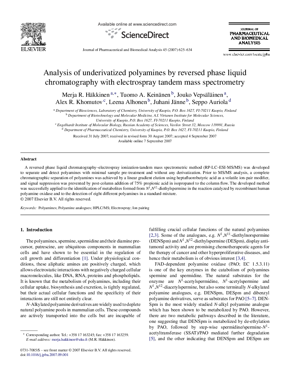 Analysis of underivatized polyamines by reversed phase liquid chromatography with electrospray tandem mass spectrometry