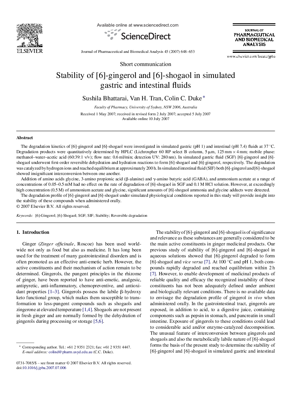 Stability of [6]-gingerol and [6]-shogaol in simulated gastric and intestinal fluids