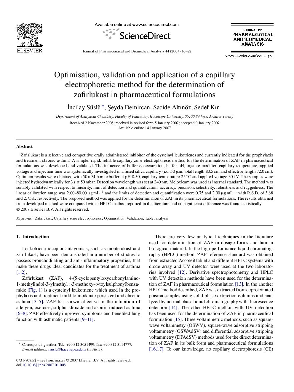 Optimisation, validation and application of a capillary electrophoretic method for the determination of zafirlukast in pharmaceutical formulations