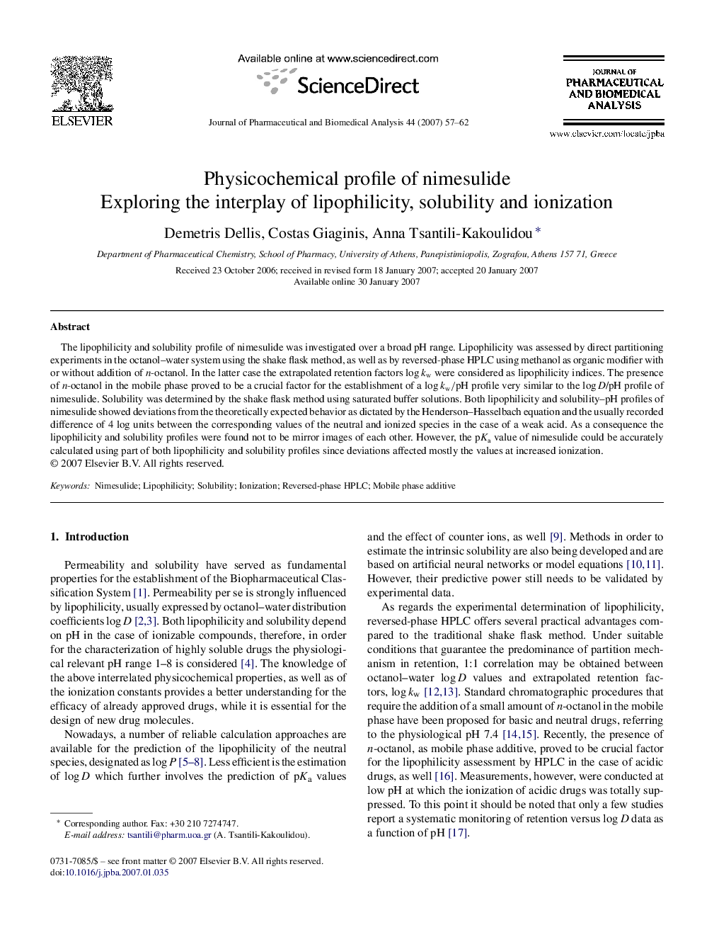 Physicochemical profile of nimesulide: Exploring the interplay of lipophilicity, solubility and ionization