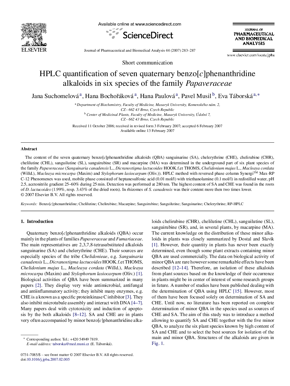 HPLC quantification of seven quaternary benzo[c]phenanthridine alkaloids in six species of the family Papaveraceae