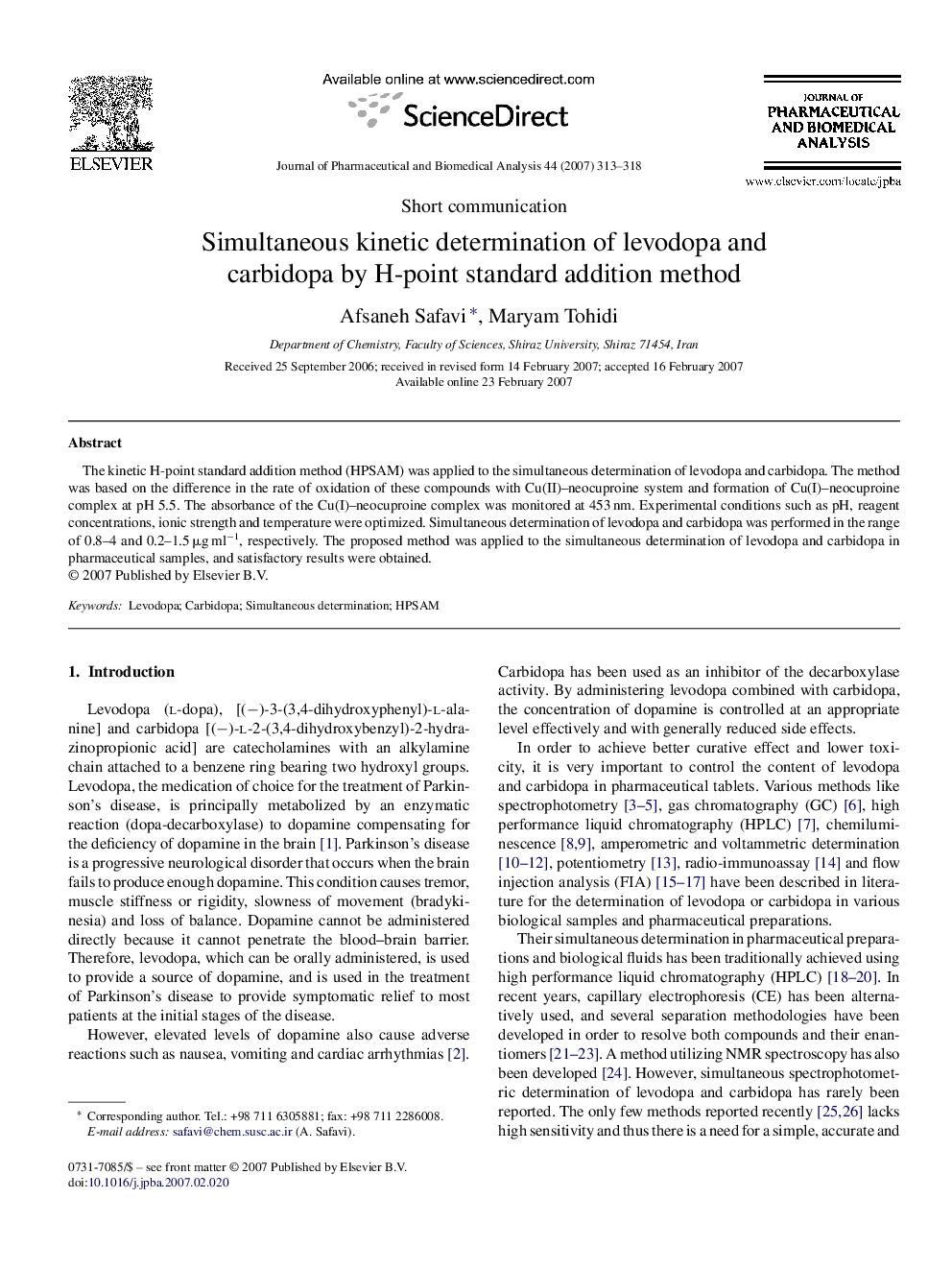 Simultaneous kinetic determination of levodopa and carbidopa by H-point standard addition method