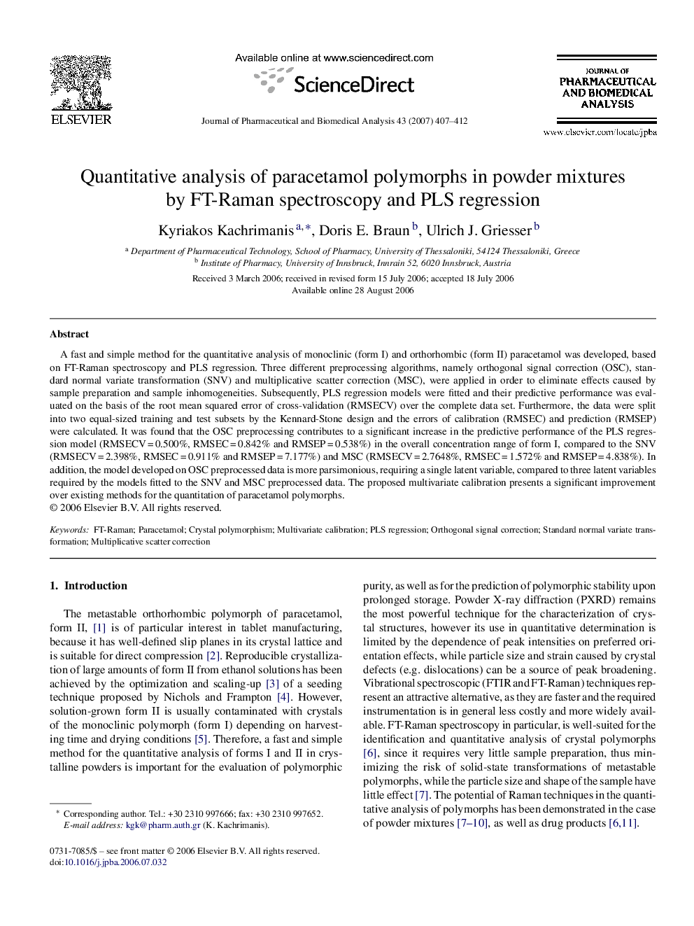 Quantitative analysis of paracetamol polymorphs in powder mixtures by FT-Raman spectroscopy and PLS regression