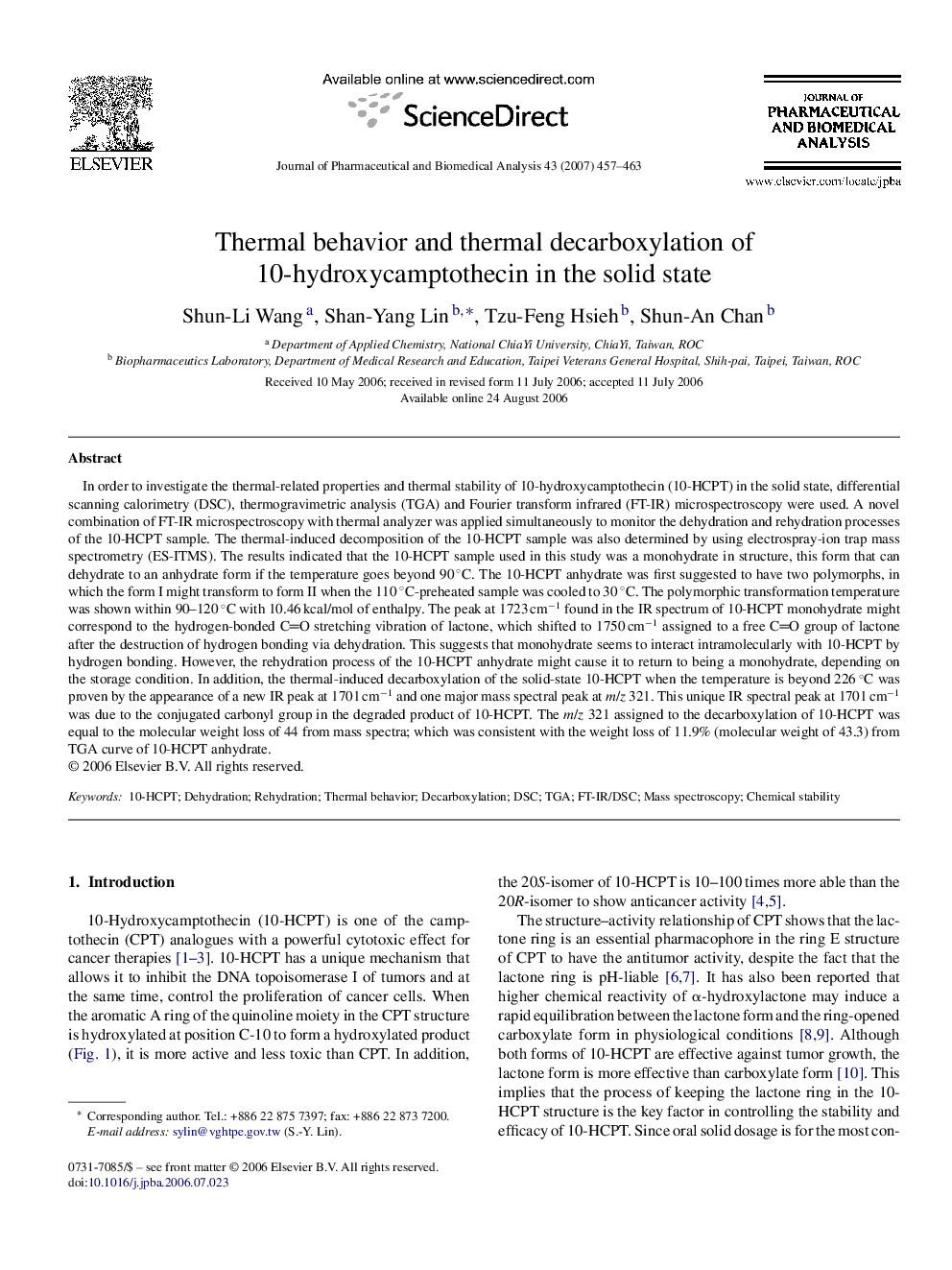 Thermal behavior and thermal decarboxylation of 10-hydroxycamptothecin in the solid state