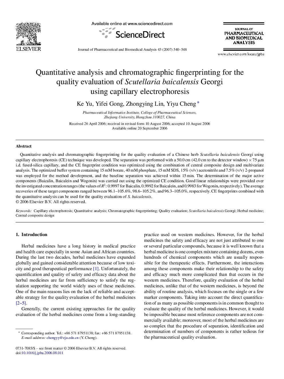 Quantitative analysis and chromatographic fingerprinting for the quality evaluation of Scutellaria baicalensis Georgi using capillary electrophoresis