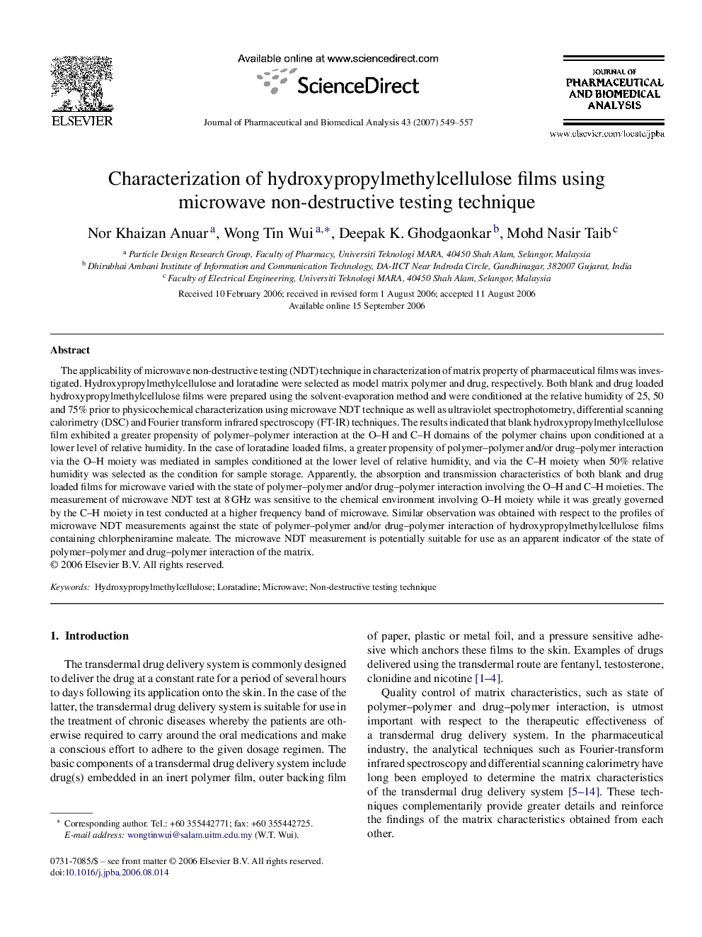 Characterization of hydroxypropylmethylcellulose films using microwave non-destructive testing technique