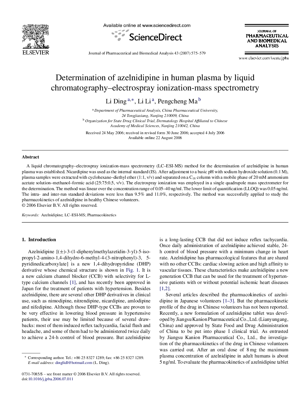 Determination of azelnidipine in human plasma by liquid chromatography-electrospray ionization-mass spectrometry