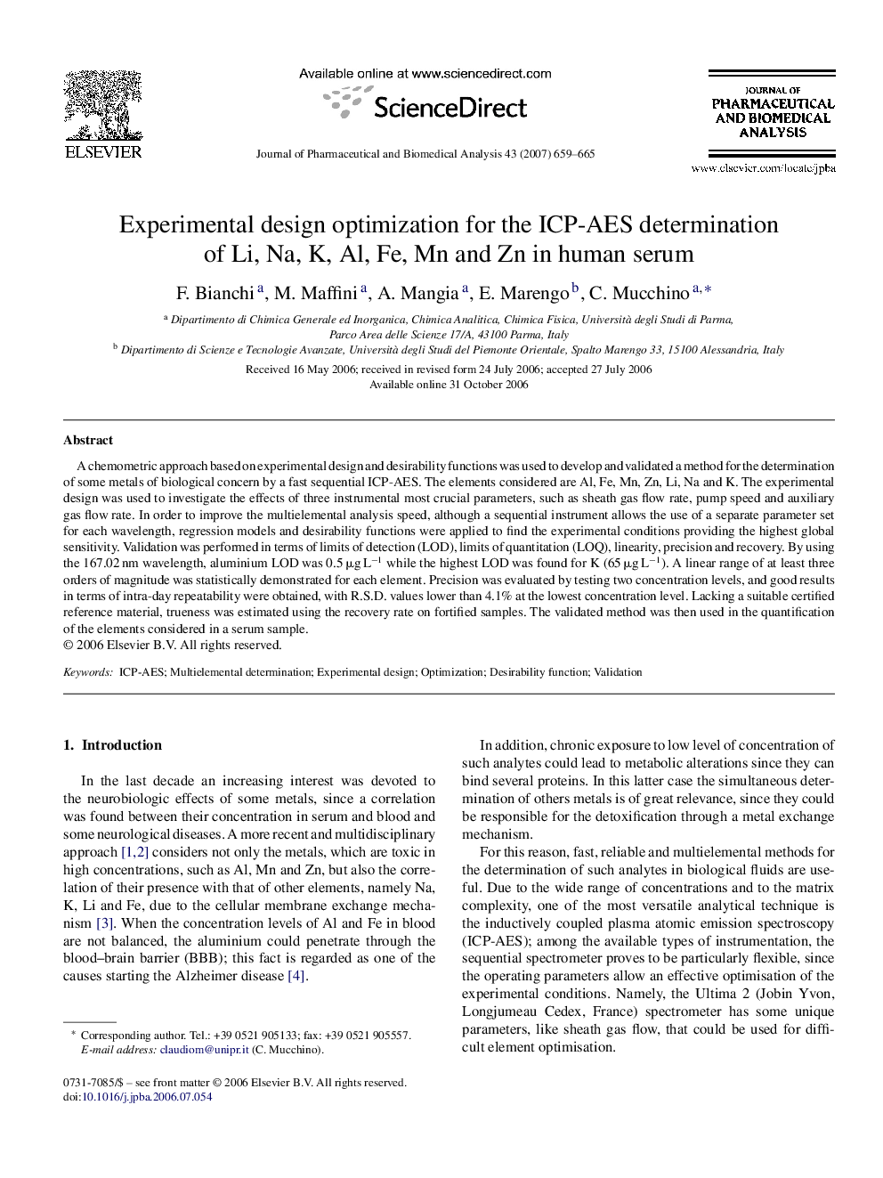 Experimental design optimization for the ICP-AES determination of Li, Na, K, Al, Fe, Mn and Zn in human serum