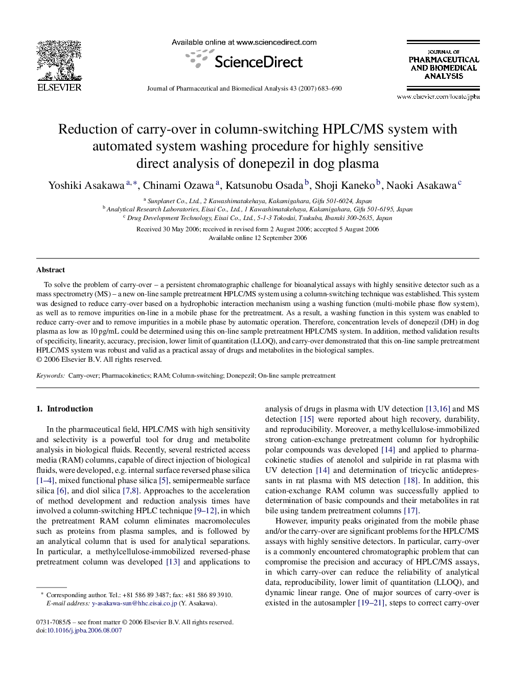 Reduction of carry-over in column-switching HPLC/MS system with automated system washing procedure for highly sensitive direct analysis of donepezil in dog plasma