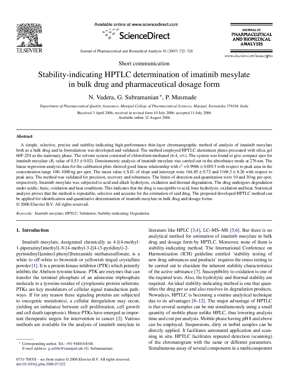 Stability-indicating HPTLC determination of imatinib mesylate in bulk drug and pharmaceutical dosage form