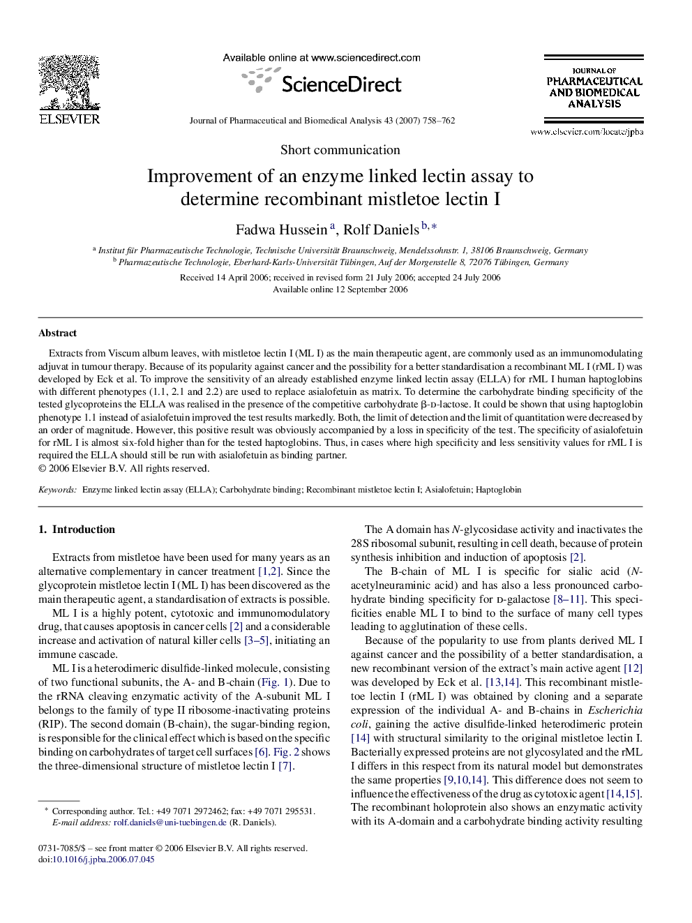 Improvement of an enzyme linked lectin assay to determine recombinant mistletoe lectin I