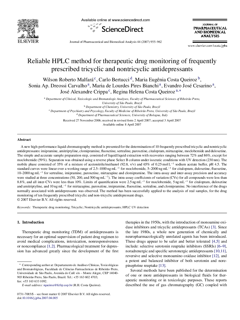 Reliable HPLC method for therapeutic drug monitoring of frequently prescribed tricyclic and nontricyclic antidepressants