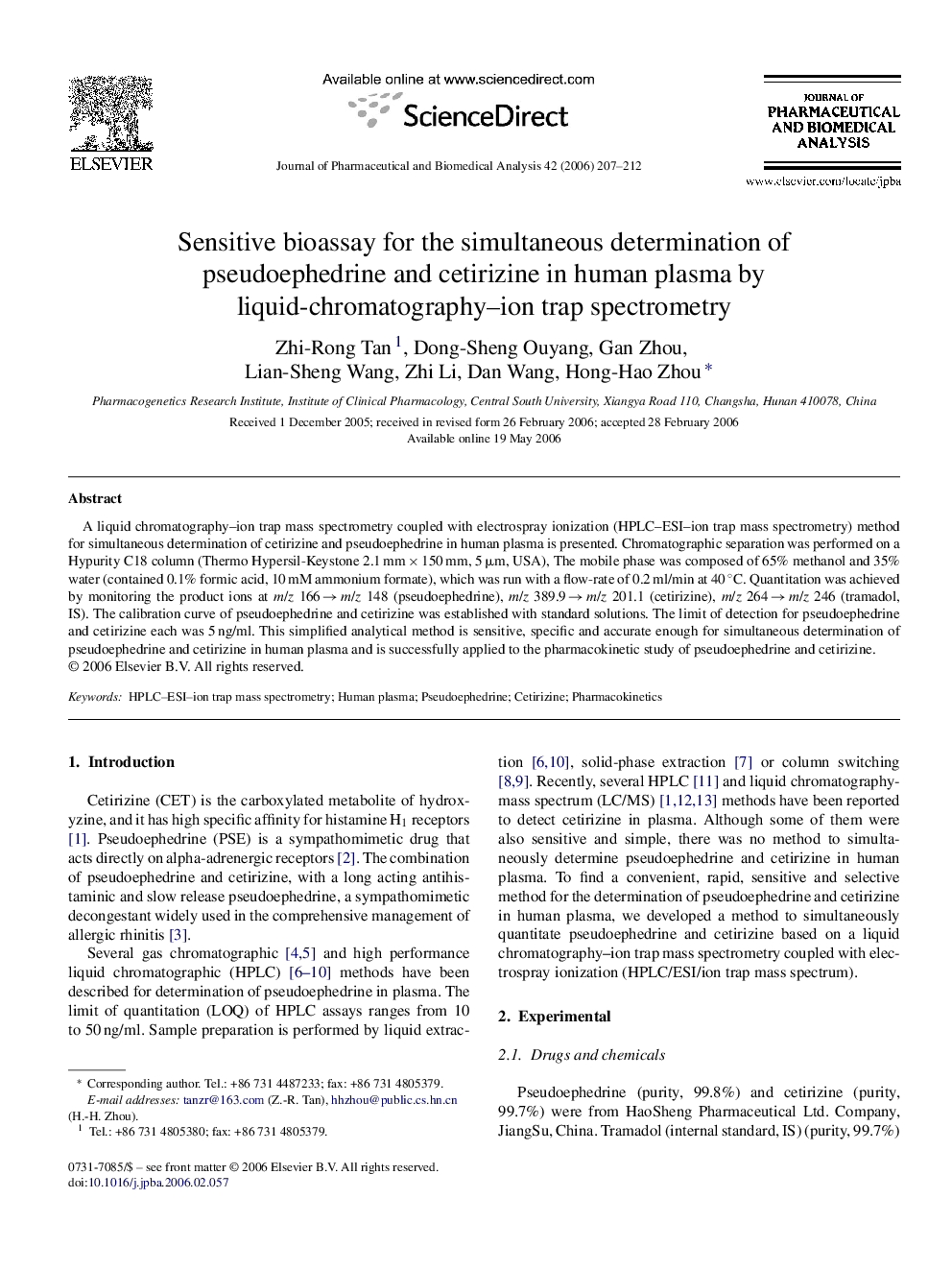 Sensitive bioassay for the simultaneous determination of pseudoephedrine and cetirizine in human plasma by liquid-chromatography–ion trap spectrometry