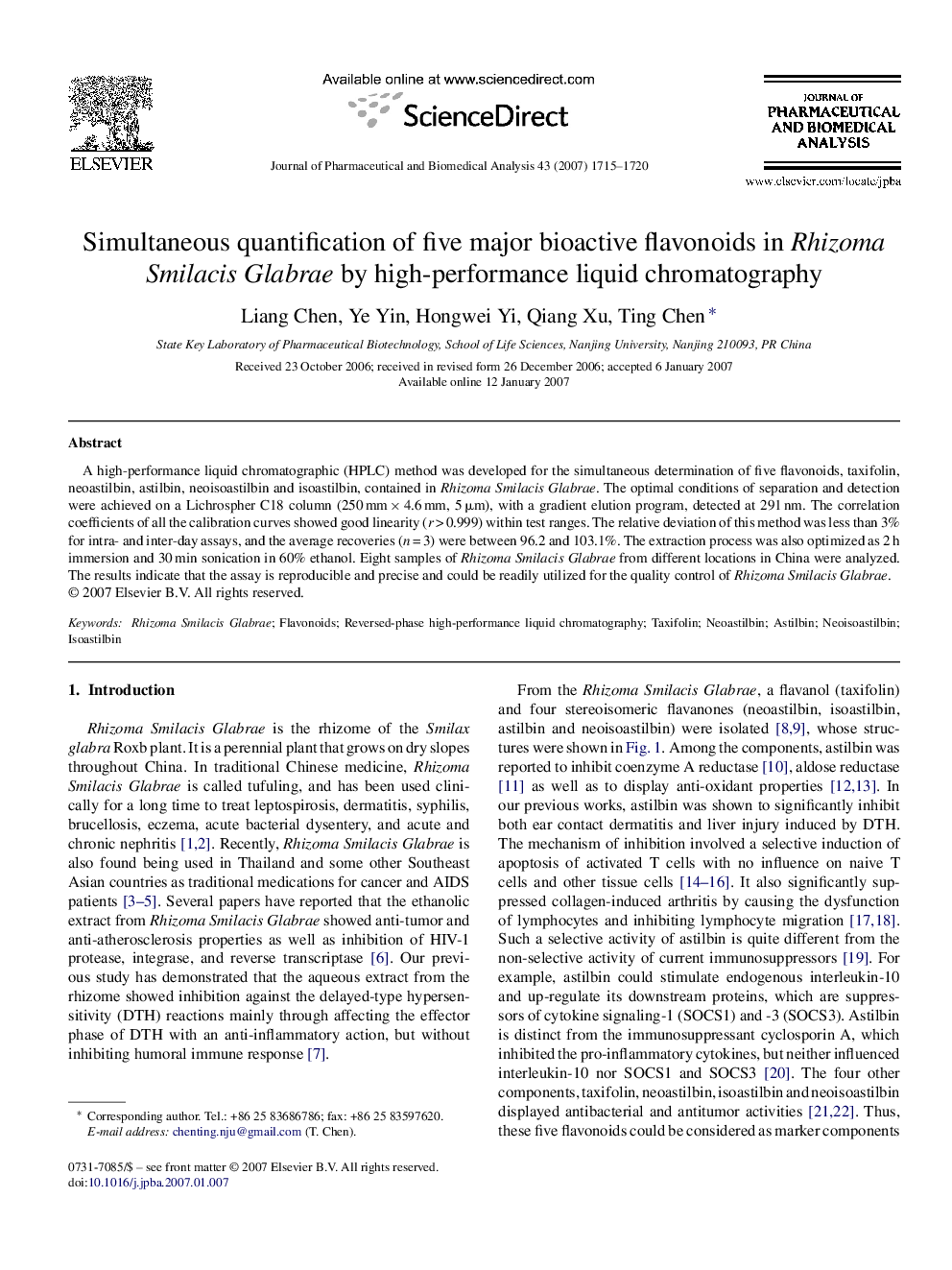 Simultaneous quantification of five major bioactive flavonoids in Rhizoma Smilacis Glabrae by high-performance liquid chromatography