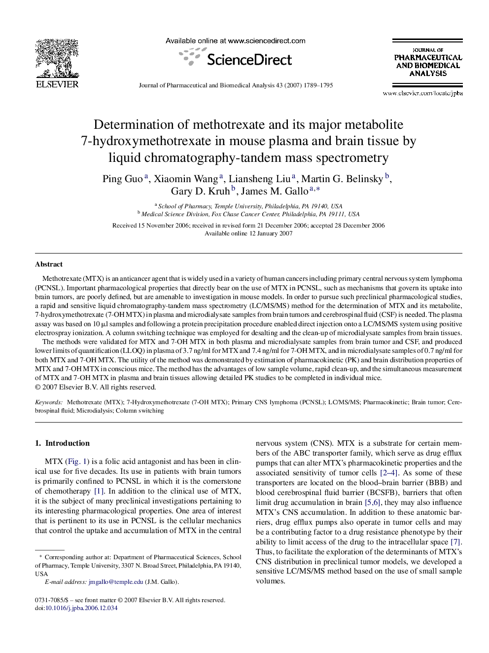 Determination of methotrexate and its major metabolite 7-hydroxymethotrexate in mouse plasma and brain tissue by liquid chromatography-tandem mass spectrometry