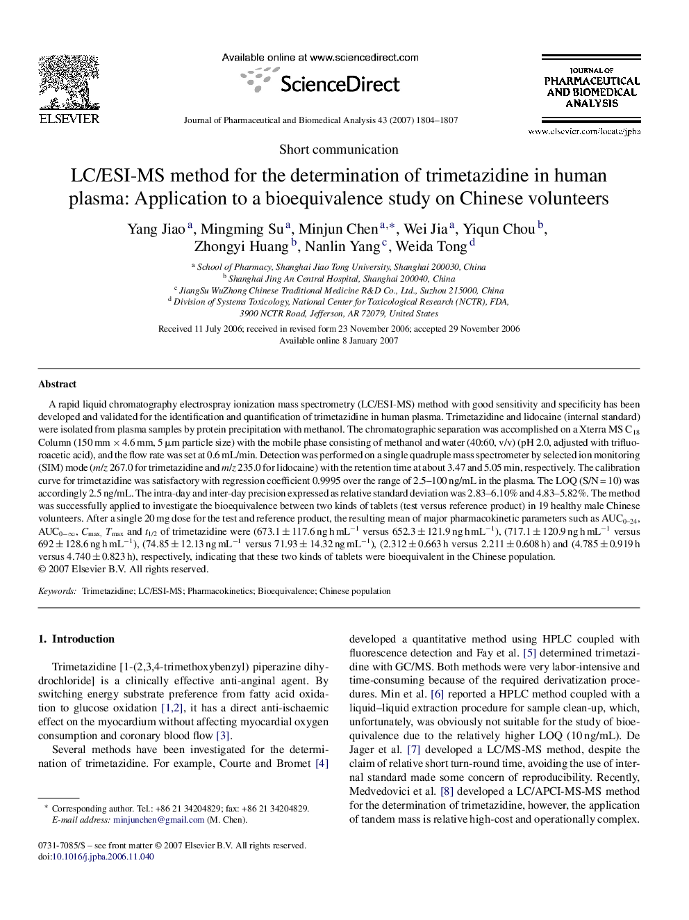 LC/ESI-MS method for the determination of trimetazidine in human plasma: Application to a bioequivalence study on Chinese volunteers