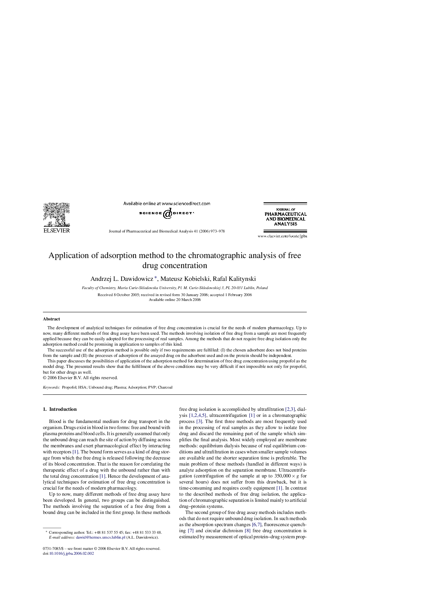 Application of adsorption method to the chromatographic analysis of free drug concentration