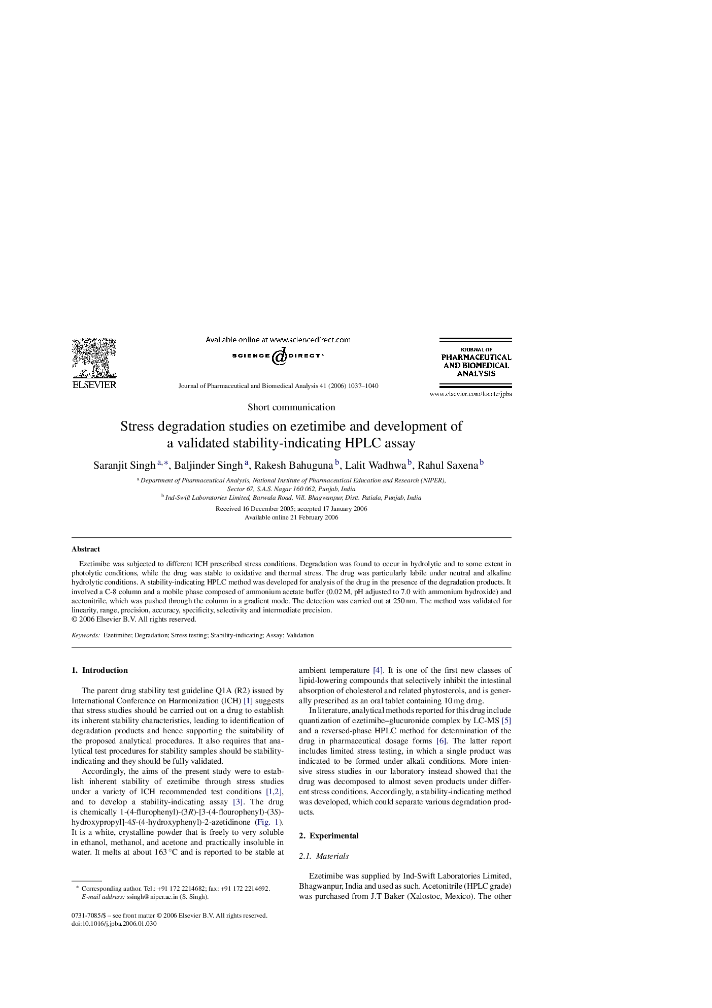 Stress degradation studies on ezetimibe and development of a validated stability-indicating HPLC assay