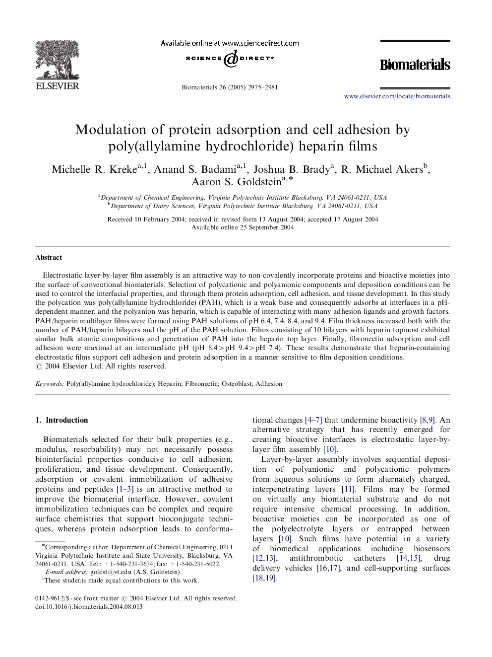 Modulation of protein adsorption and cell adhesion by poly(allylamine hydrochloride) heparin films