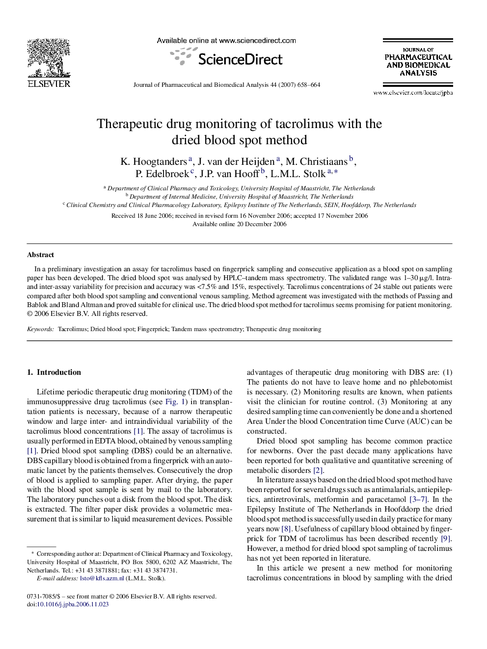 Therapeutic drug monitoring of tacrolimus with the dried blood spot method