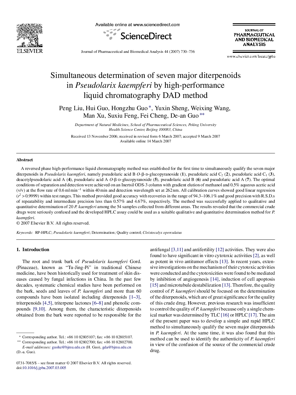 Simultaneous determination of seven major diterpenoids in Pseudolarix kaempferi by high-performance liquid chromatography DAD method