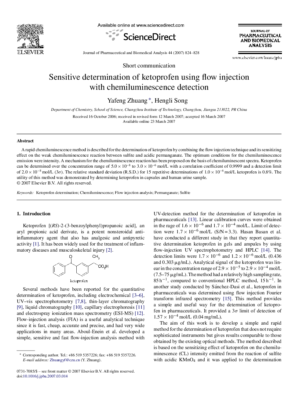 Sensitive determination of ketoprofen using flow injection with chemiluminescence detection